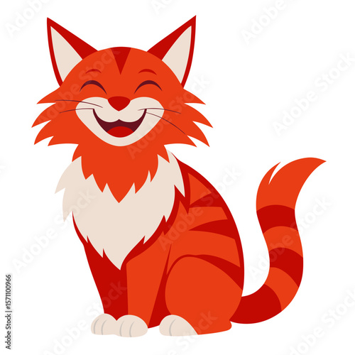 Cartoon smiling cat. Colourful happy kitten sitting. Suitable for children's books,fairy tale, sticker, mascot, logo. Isolated vector illustration on white background. Front view.