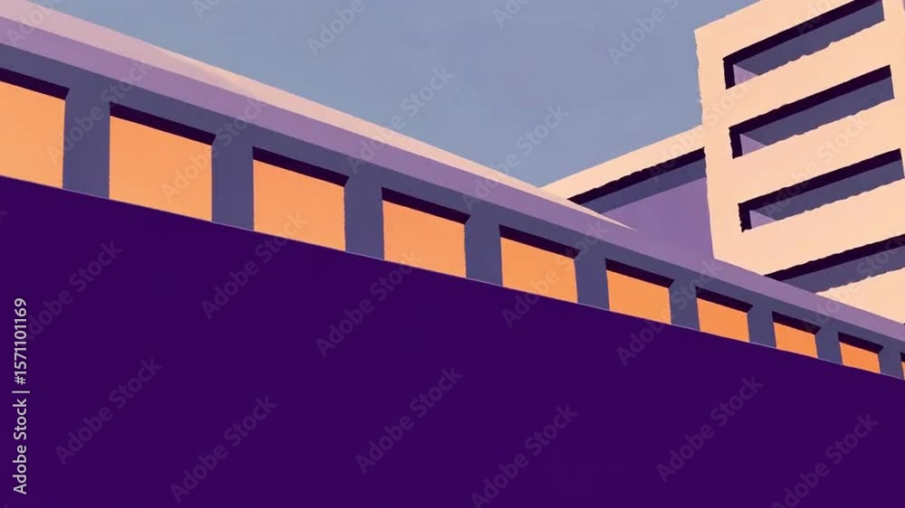 Abstract illustration of a building facade with a train passing by, under a blue sky.