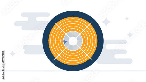 Illustration of a radar chart with orange and blue segments on a light background with stars and clouds