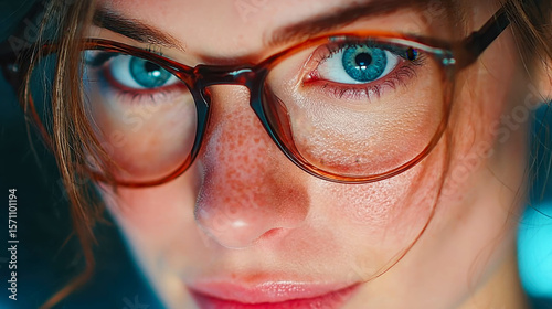 Close-up portrait of a female scientist wearing glasses, concentrating under lab lighting