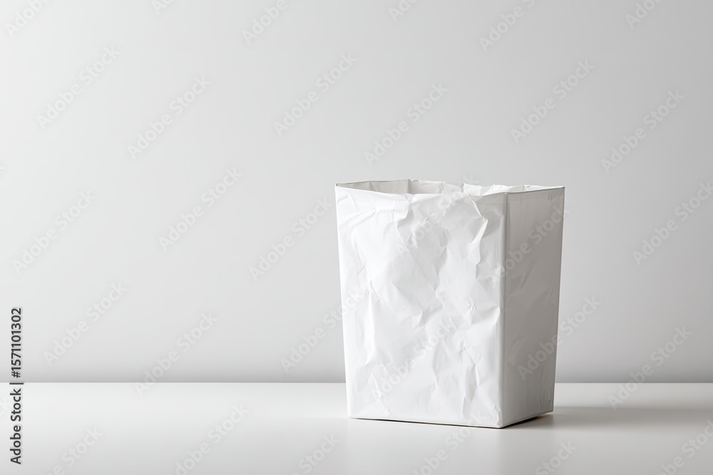 Crumpled white bag standing on clean surface against simple back Crumpled white bag standing on clean surface against simple back