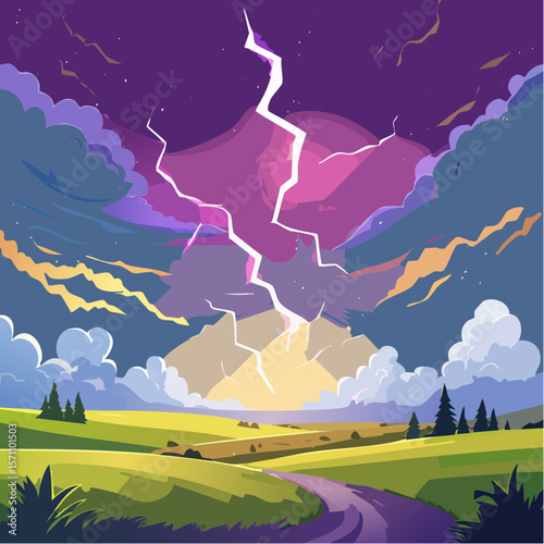 Powerful lightning strikes over dark landscape illuminating dramatic storm clouds at night