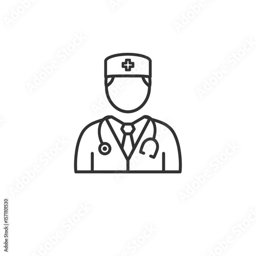 Line drawing depicting a doctor wearing a cap and stethoscope.