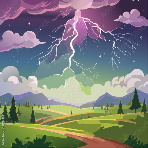 Powerful lightning strikes over dark landscape illuminating dramatic storm clouds at night