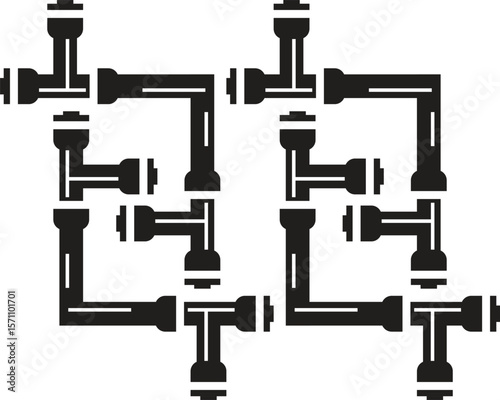 Vector icons set of details ware pipes system in flat style. Silhouette collection of water tube, plastic pipeline, filtres, gas valve, fittings, plumbing, faucet, sewage.
