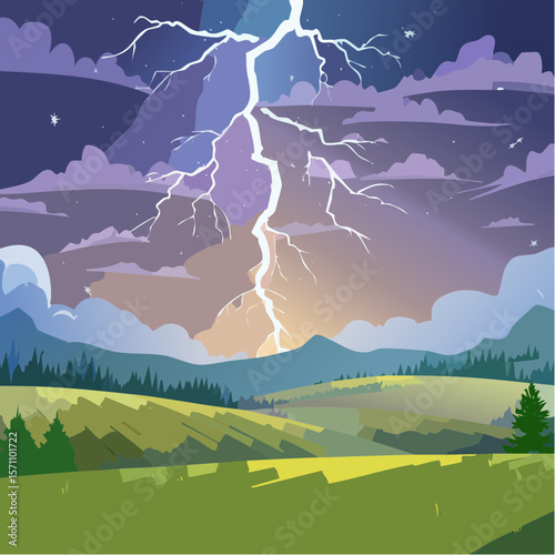 Powerful lightning strikes over dark landscape illuminating dramatic storm clouds at night