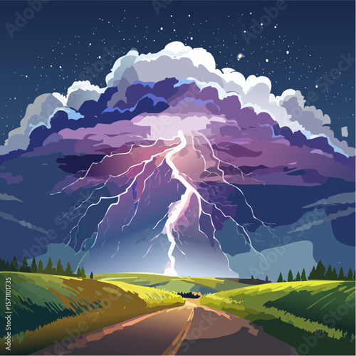Powerful lightning strikes over dark landscape illuminating dramatic storm clouds at night