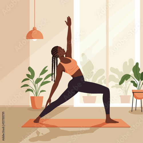 A woman practices yoga indoors, stretching into a pose with plants.