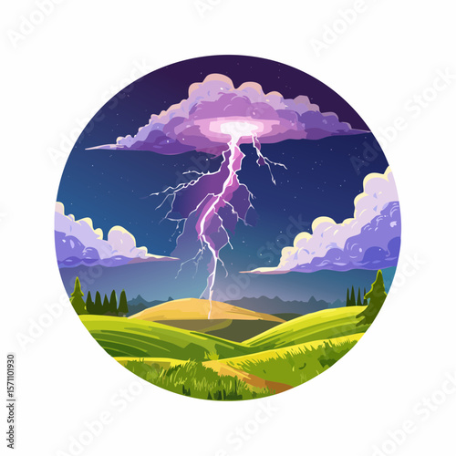 Powerful lightning strikes over dark landscape illuminating dramatic storm clouds at night