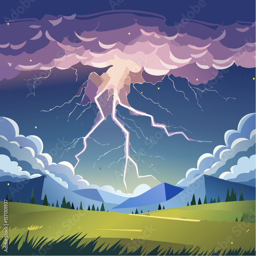 Powerful lightning strikes over dark landscape illuminating dramatic storm clouds at night