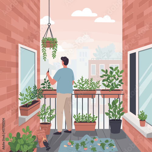 A man tending a balcony garden with potted plants, painting a window frame, on a sunny day.