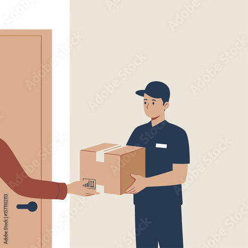 A delivery person hands a package to a person at a doorway.