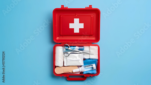 Open White First Aid Kit with Essential Medical Supplies on a Blue Background, Including Bandages, Thermometer, Gloves, and Scissors, Representing Emergency Preparedness and Healthcare.