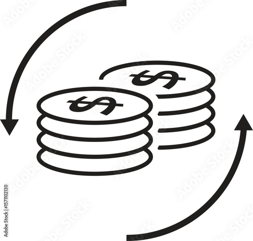 Dollar income vector icon set, dollar increase and cost increase symbol in line and silhouette style isolated. 