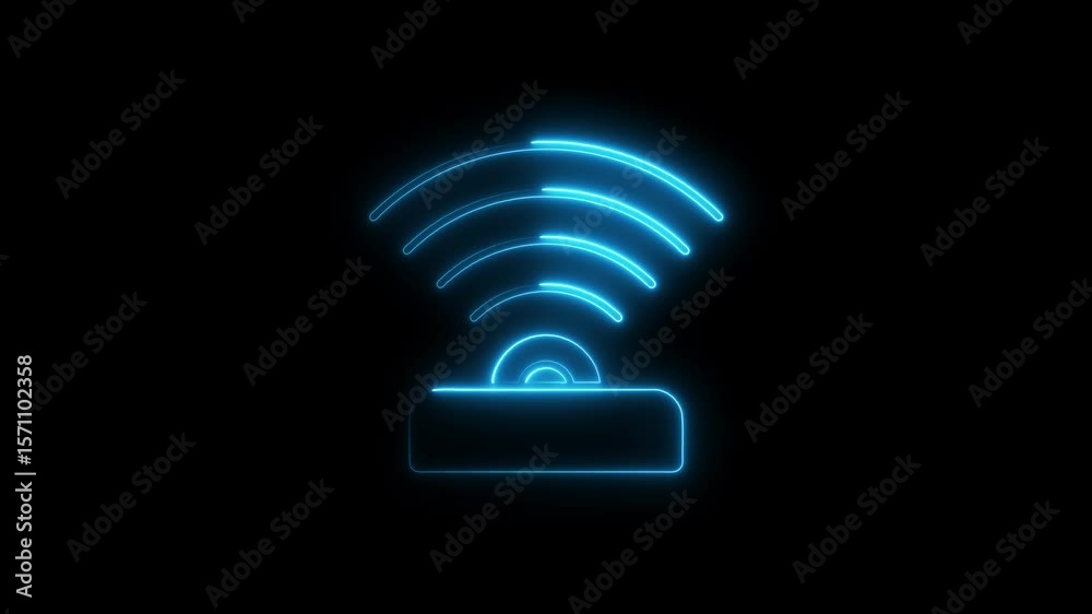 Glowing neon blue wifi symbol animation on black background for technology communication concepts