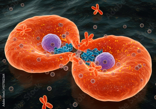 Cellular genesis explored: An intricate 3D render depicting the vital process of cell division for medical research.