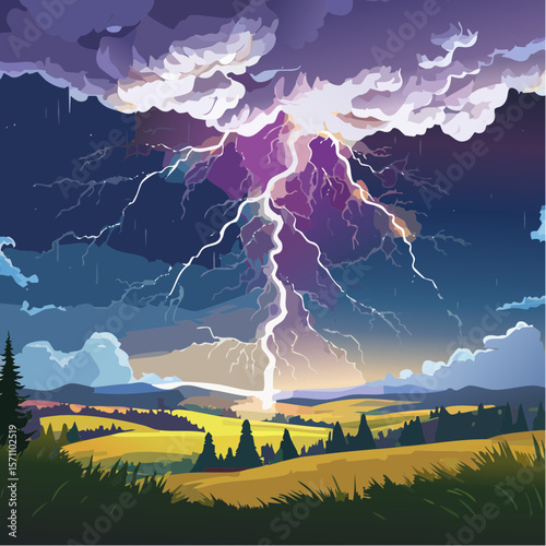 Powerful lightning strikes over dark landscape illuminating dramatic storm clouds at night