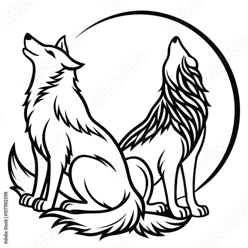 Two wolves howling together under a crescent moon silhouette