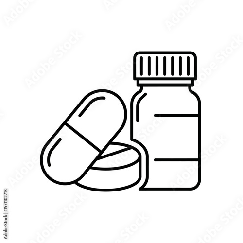 Line drawing depicts a pill, tablet, and medicine bottle, all in black and white.