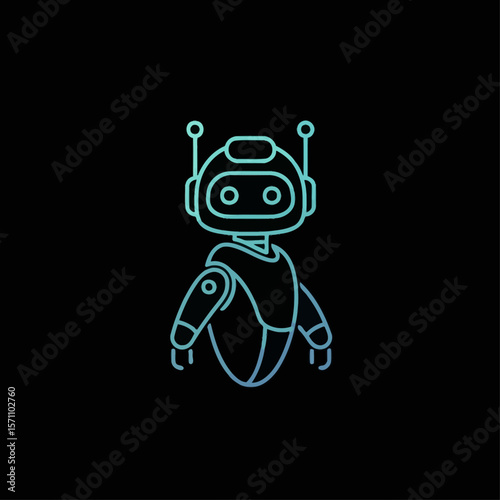 A stylized illustration of a friendly robot with antenna against a black background.