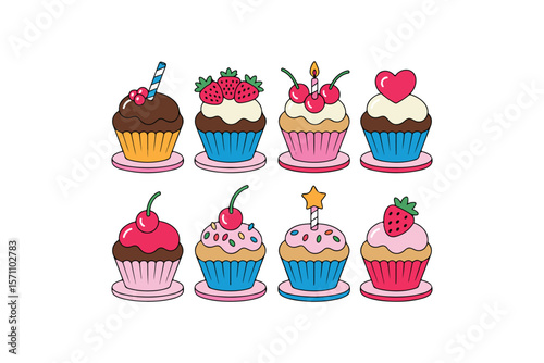 Delicious sweet treats vector illustration featuring chocolate candy donut cupcake ice cream and cake