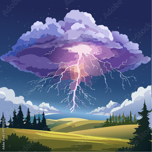 Powerful lightning strikes over dark landscape illuminating dramatic storm clouds at night