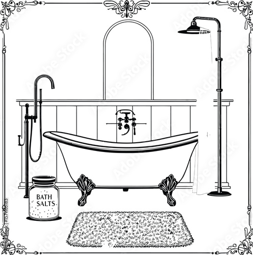 Vintage Tranquility — Silhouette Illustration of Classic Bathtub Scene with Showerhead, Bath Salts, and Ornamental Details
