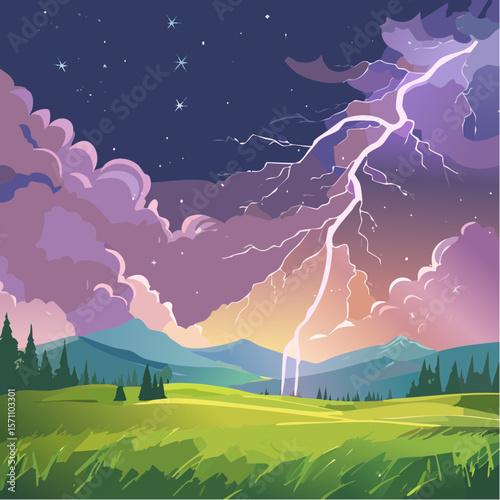 Powerful lightning strikes over dark landscape illuminating dramatic storm clouds at night
