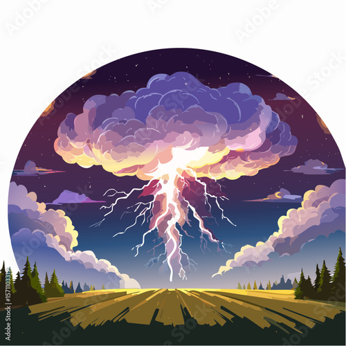 Powerful lightning strikes over dark landscape illuminating dramatic storm clouds at night