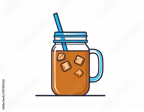 Iced Coffee In A Glass Jar With Straw And Ice Cubes