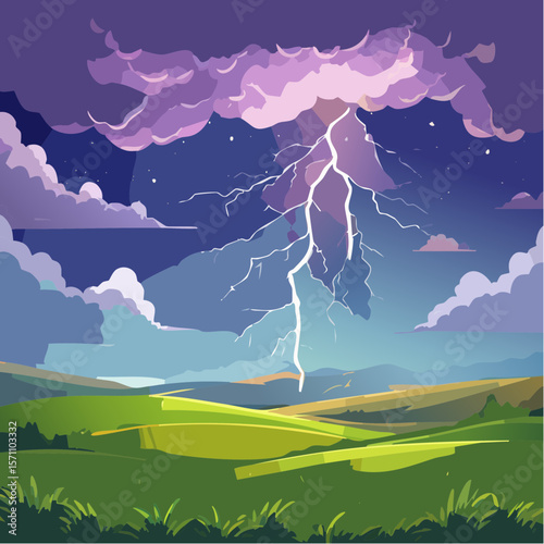 Powerful lightning strikes over dark landscape illuminating dramatic storm clouds at night