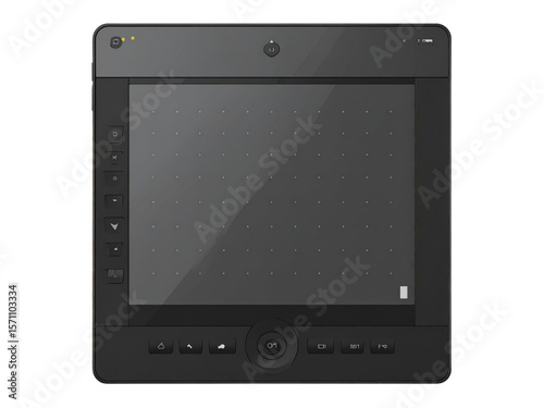 A black tablet device with a blank screen is displayed against a white background.