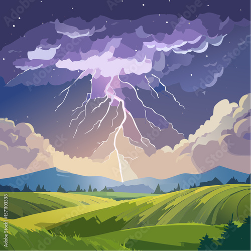 Powerful lightning strikes over dark landscape illuminating dramatic storm clouds at night