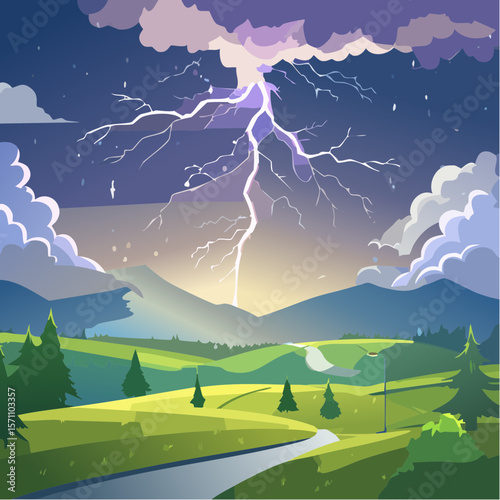 Powerful lightning strikes over dark landscape illuminating dramatic storm clouds at night