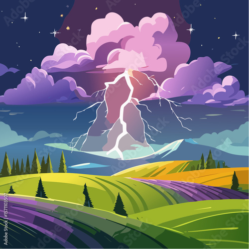 Powerful lightning strikes over dark landscape illuminating dramatic storm clouds at night