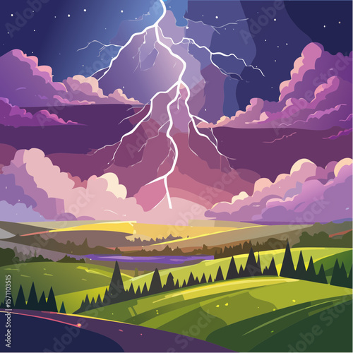 Powerful lightning strikes over dark landscape illuminating dramatic storm clouds at night