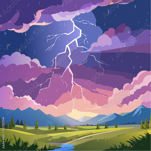 Powerful lightning strikes over dark landscape illuminating dramatic storm clouds at night