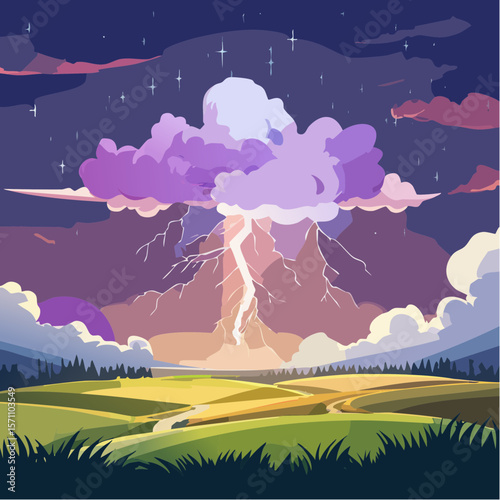 Powerful lightning strikes over dark landscape illuminating dramatic storm clouds at night