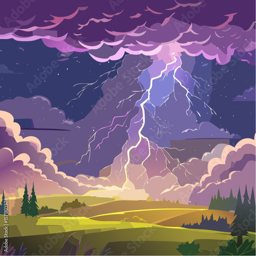 Powerful lightning strikes over dark landscape illuminating dramatic storm clouds at night