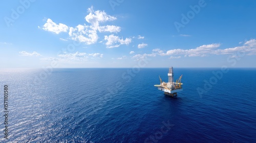 Offshore drilling rig in calm blue ocean under clear sunny sky