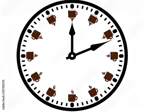 Round Analog Clock Face With Coffee Cups