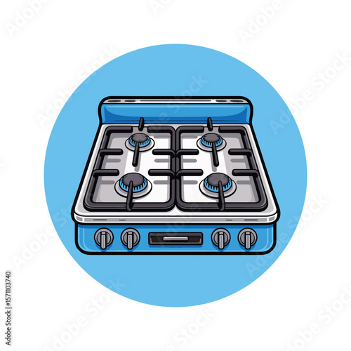 Cartoon illustration of a blue four burner gas stove with flames on two burners against a light blue circular background