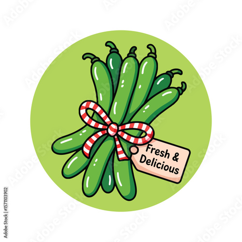 Cute cartoon bunch of green beans tied with a red and white striped ribbon and a fresh and delicious tag