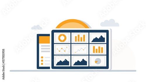 Dashboard interface displaying funnel chart, bar graphs and pie chart on a screen interface view