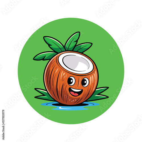 Happy cartoon coconut with green leaves and a smile peeking out from blue water on a green background