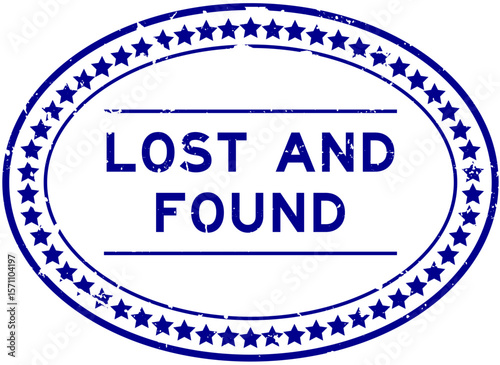 Grunge blue lost and found word oval rubber seal stamp on white background