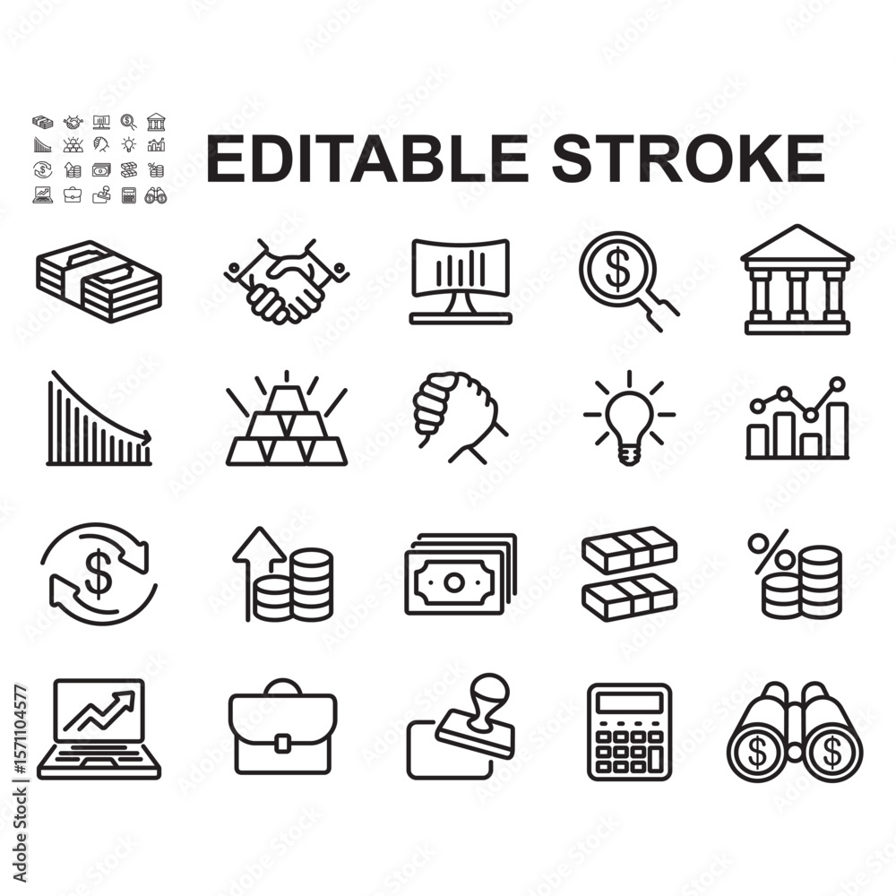Fototapeta premium Collection of business and finance icons. Thin line style vectors. Contains icons such as money, gold bars, charts and more.