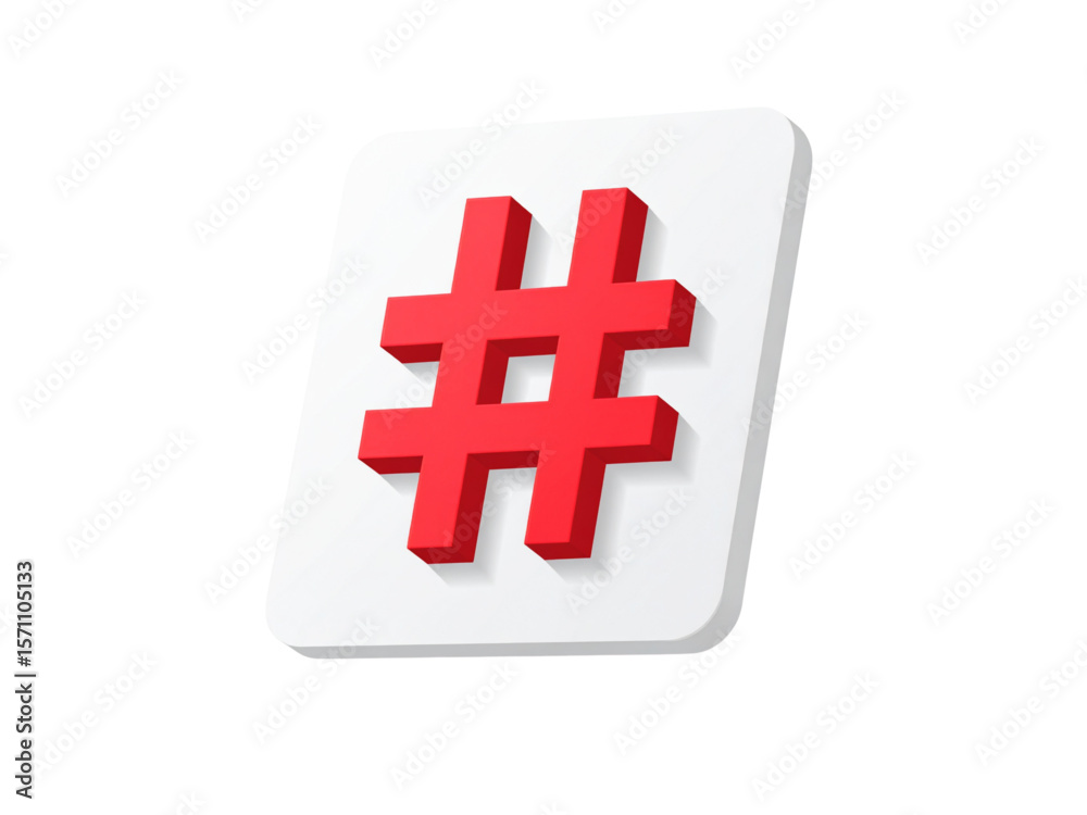 Fototapeta premium A bold red hashtag symbol in 3D on a clean white tile, symbolizing topics, keywords, and social media interactions in modern digital platforms.
