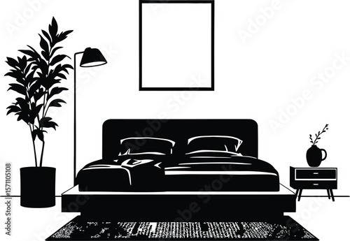 Serene Setup — Silhouette Illustration of Cozy Bedroom with Bed, Potted Plant, Floor Lamp, and Framed Wall Art