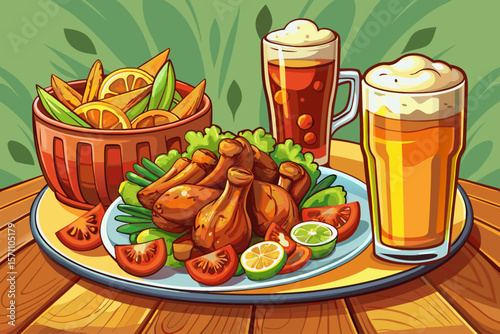 vector of A tempting plate of chicken shoulder and wings and a glass of beer on the table in stylishly decorated dishes for fast food restaurants.